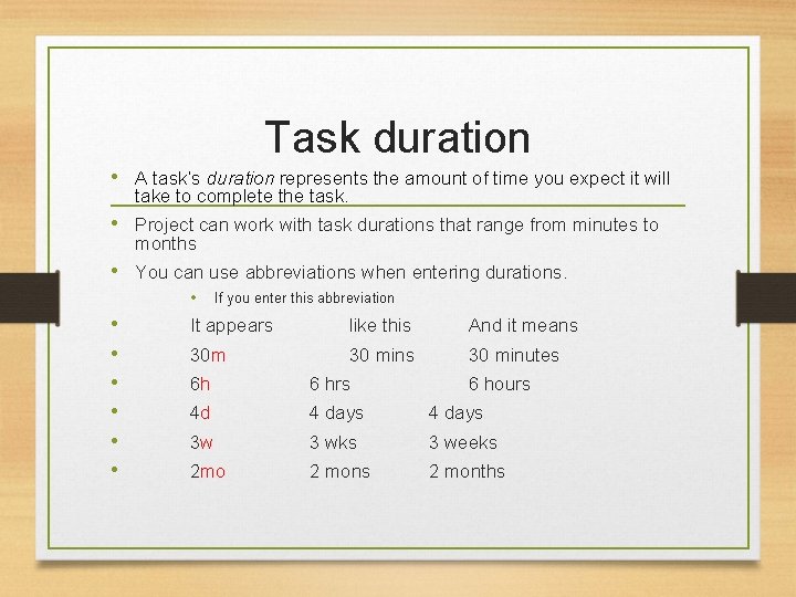 Task duration • A task’s duration represents the amount of time you expect it