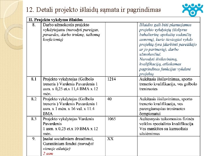 12. Detali projekto išlaidų sąmata ir pagrindimas 