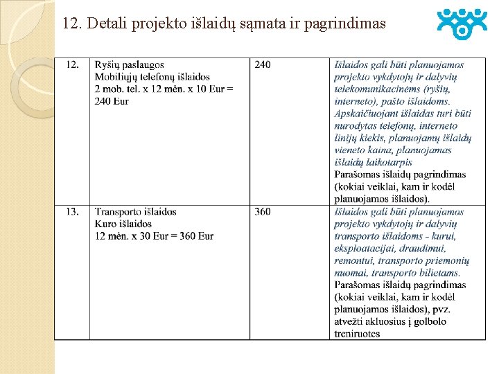 12. Detali projekto išlaidų sąmata ir pagrindimas 