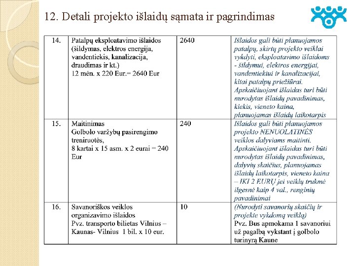 12. Detali projekto išlaidų sąmata ir pagrindimas 