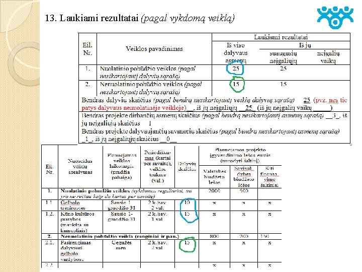 13. Laukiami rezultatai (pagal vykdomą veiklą) 