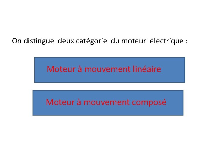 On distingue deux catégorie du moteur électrique : Moteur à mouvement linéaire Moteur à