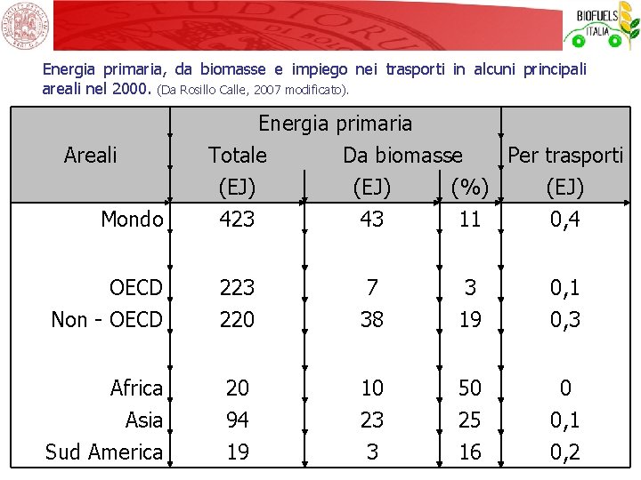 Energia primaria, da biomasse e impiego nei trasporti in alcuni principali areali nel 2000.