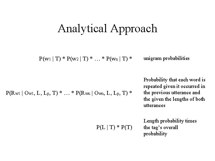Analytical Approach P(w 1 | T) * P(w 2 | T) * … *