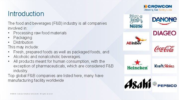 Introduction The food and beverages (F&B) industry is all companies involved in: • Processing