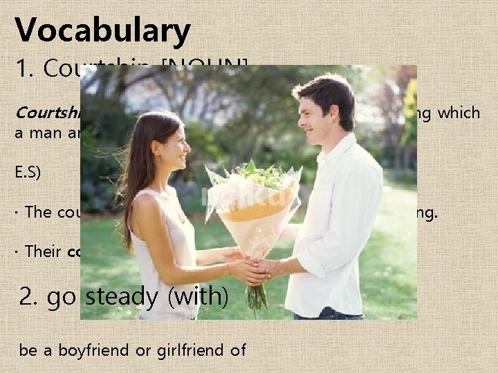 Vocabulary 1. Courtship [NOUN] Courtship is the activity of courting or the time during