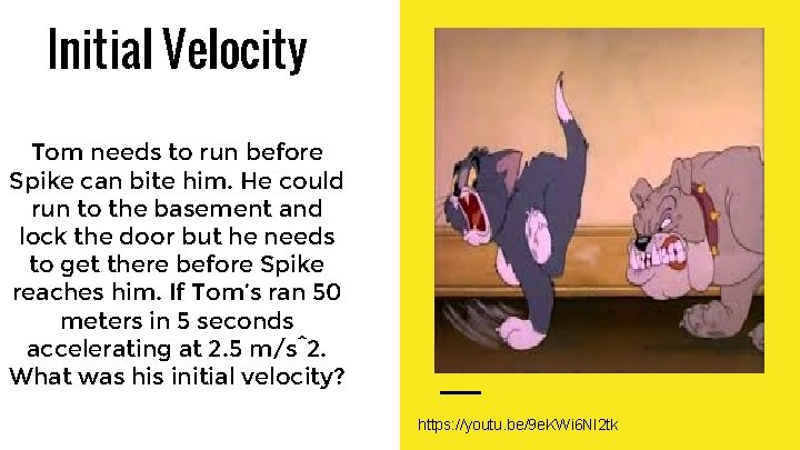 Initial Velocity Tom needs to run before Spike can bite him. He could run