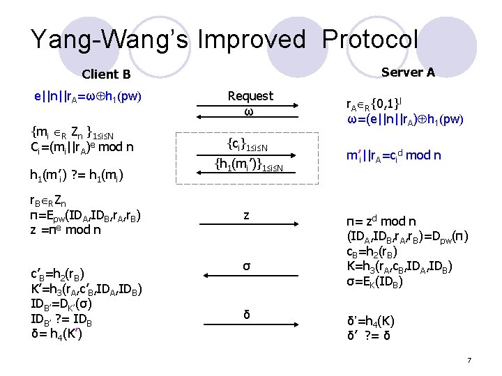 Yang-Wang’s Improved Protocol Server A Client B e||n||r. A=ω h 1(pw) {mi R Zn