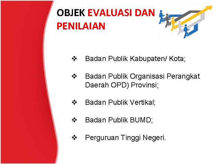 OBJEK EVALUASI DAN PENILAIAN v Badan Publik Kabupaten/ Kota; v Badan Publik Organisasi Perangkat