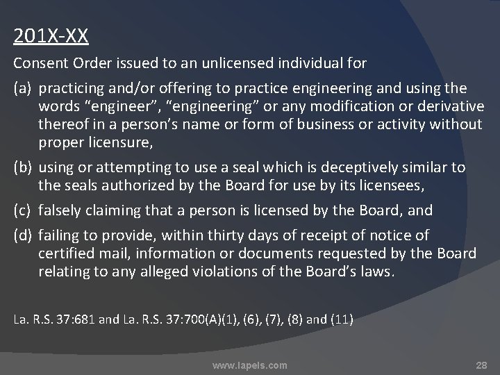 201 X-XX Consent Order issued to an unlicensed individual for (a) practicing and/or offering