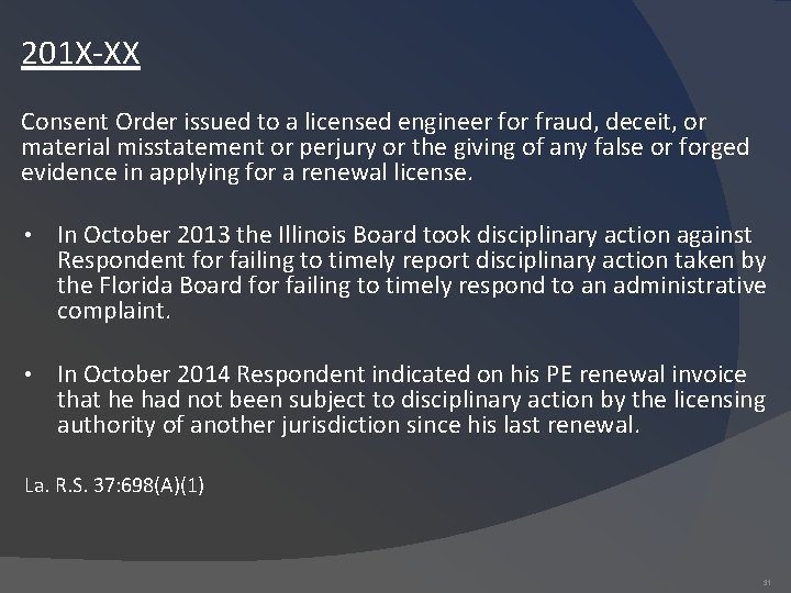 201 X-XX Consent Order issued to a licensed engineer for fraud, deceit, or material