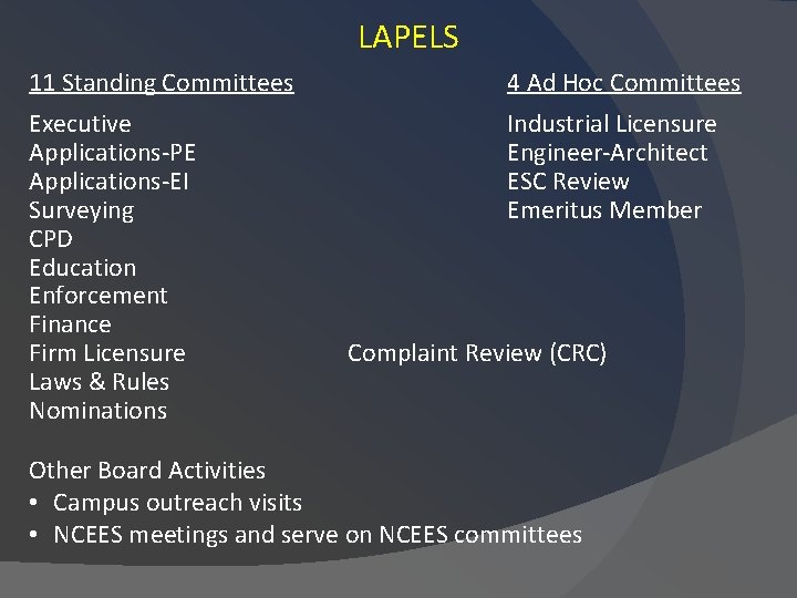 LAPELS 11 Standing Committees 4 Ad Hoc Committees Executive Applications-PE Applications-EI Surveying CPD Education