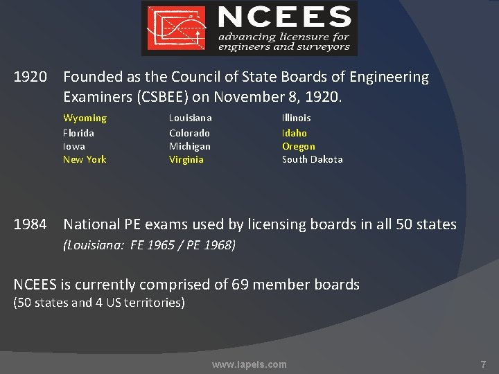 1920 Founded as the Council of State Boards of Engineering Examiners (CSBEE) on November