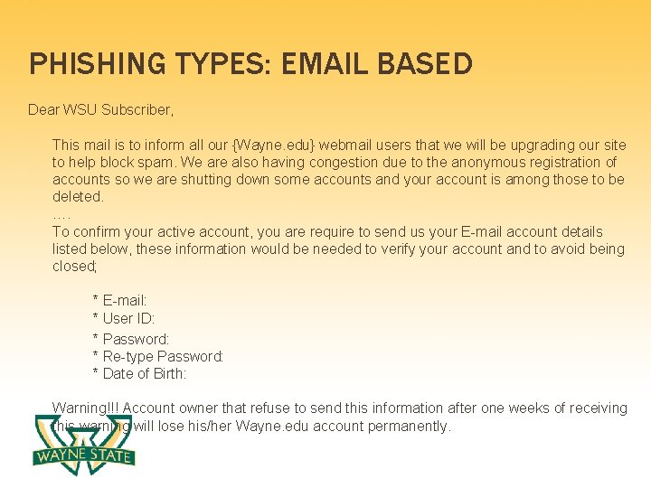 PHISHING TYPES: EMAIL BASED Dear WSU Subscriber, This mail is to inform all our