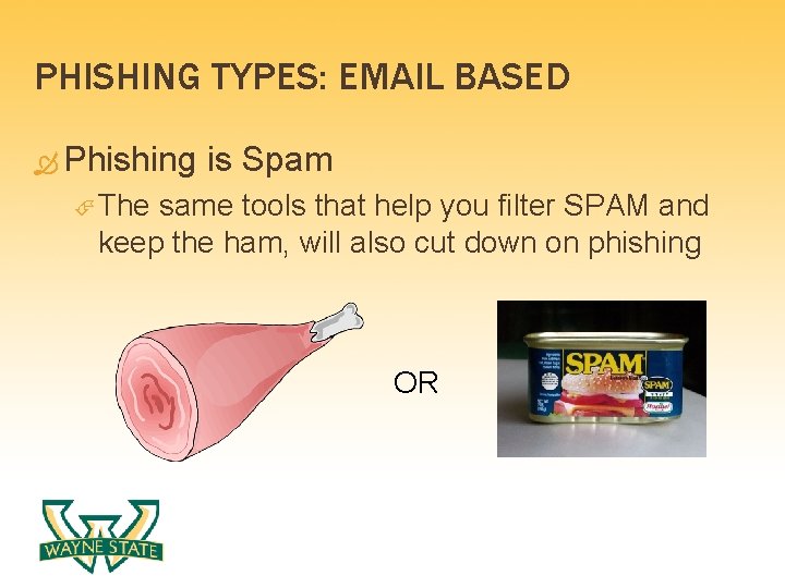 PHISHING TYPES: EMAIL BASED Phishing is Spam The same tools that help you filter