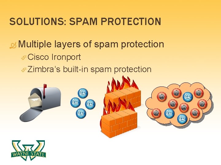 SOLUTIONS: SPAM PROTECTION Multiple layers of spam protection Cisco Ironport Zimbra’s built-in spam protection