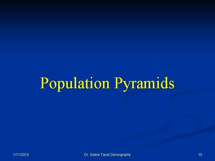 Population Pyramids 1/11/2010 Dr. Salwa Tayel Demography 10 