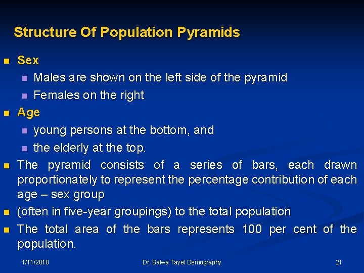 Structure Of Population Pyramids n n n Sex n Males are shown on the