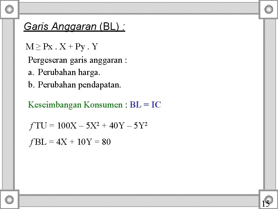 Garis Anggaran (BL) : M ≥ Px. X + Py. Y Pergeseran garis anggaran