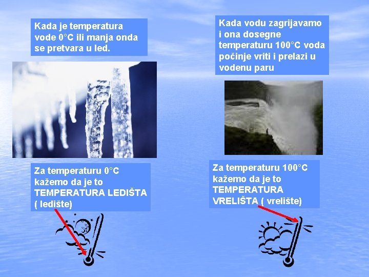 Kada je temperatura vode 0°C ili manja onda se pretvara u led. Za temperaturu