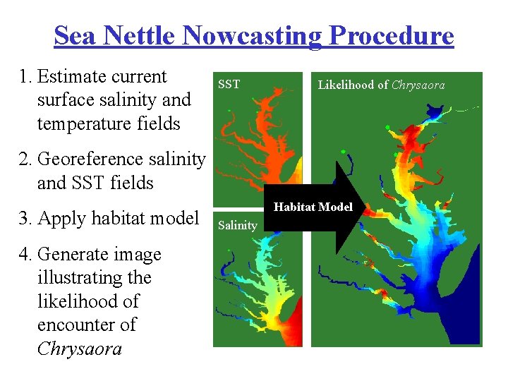 Sea Nettle Nowcasting Procedure 1. Estimate current surface salinity and temperature fields SST Likelihood