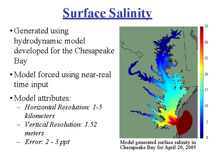Surface Salinity 35 • Generated using hydrodynamic model developed for the Chesapeake Bay 30