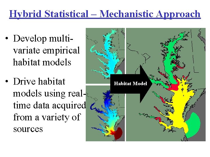 Hybrid Statistical – Mechanistic Approach • Develop multivariate empirical habitat models • Drive habitat