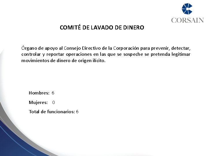 COMITÉ DE LAVADO DE DINERO Órgano de apoyo al Consejo Directivo de la Corporación