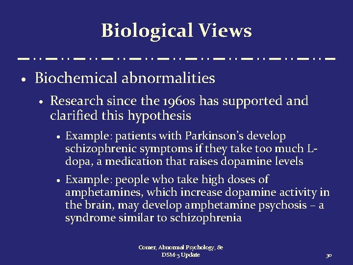 Biological Views · Biochemical abnormalities · Research since the 1960 s has supported and