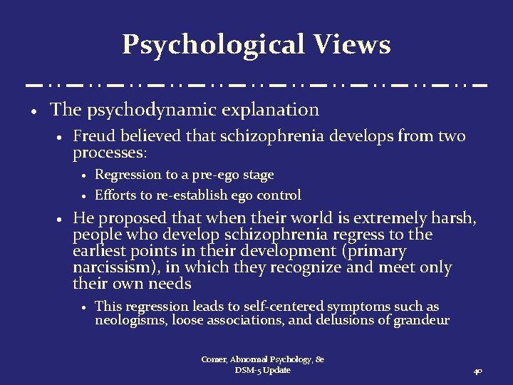 Psychological Views · The psychodynamic explanation · Freud believed that schizophrenia develops from two