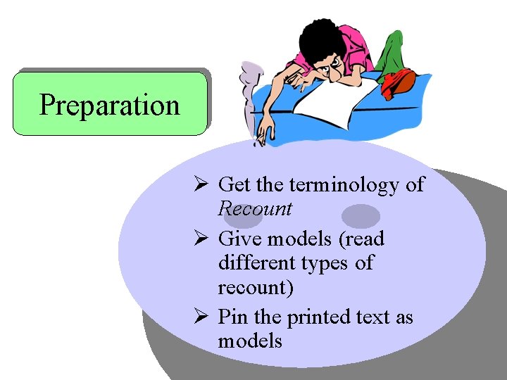 Preparation Ø Get the terminology of Recount Ø Give models (read different types of