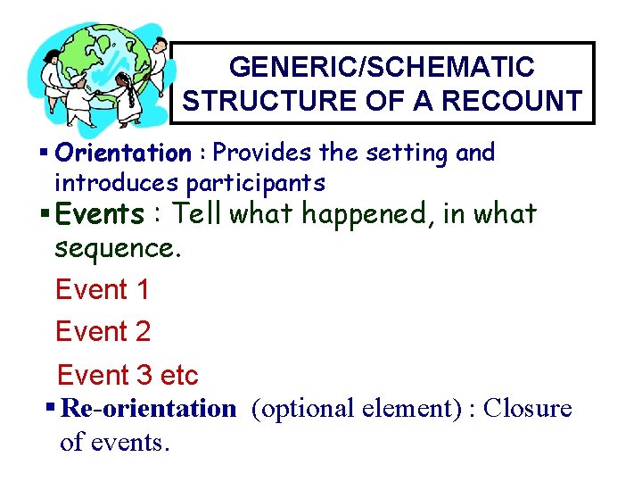 GENERIC/SCHEMATIC STRUCTURE OF A RECOUNT § Orientation : Provides the setting and introduces participants