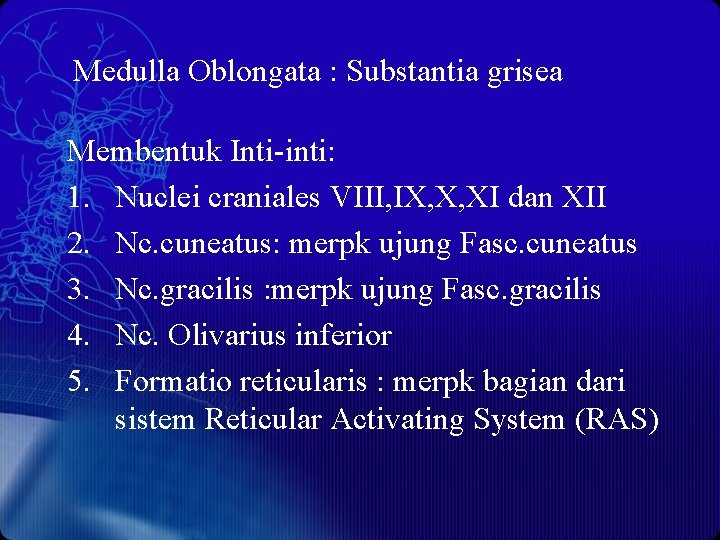 Medulla Oblongata : Substantia grisea Membentuk Inti-inti: 1. Nuclei craniales VIII, IX, X, XI