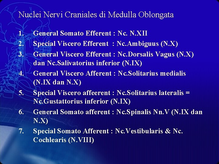 Nuclei Nervi Craniales di Medulla Oblongata 1. 2. 3. 4. 5. 6. 7. General