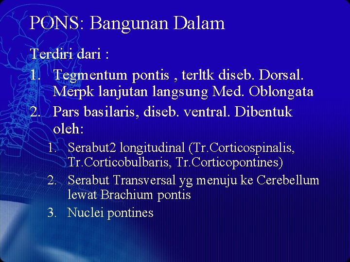 PONS: Bangunan Dalam Terdiri dari : 1. Tegmentum pontis , terltk diseb. Dorsal. Merpk