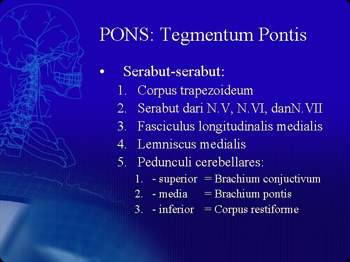 PONS: Tegmentum Pontis • Serabut-serabut: 1. 2. 3. 4. 5. Corpus trapezoideum Serabut dari