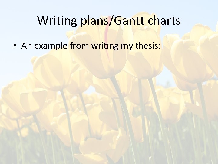 Writing plans/Gantt charts • An example from writing my thesis: 