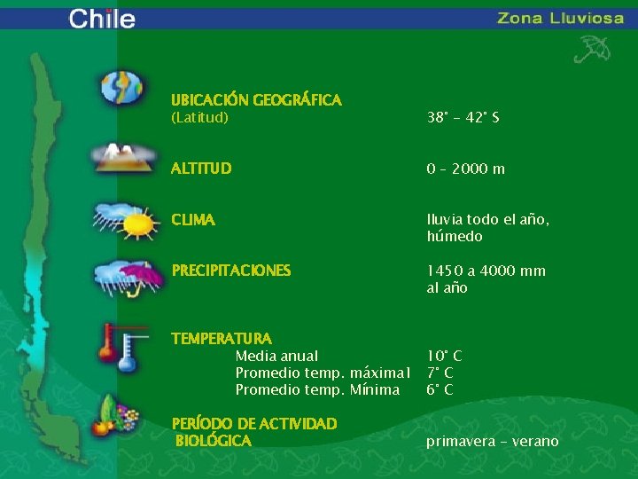  UBICACIÓN GEOGRÁFICA (Latitud) 38° - 42° S ALTITUD 0 – 2000 m CLIMA