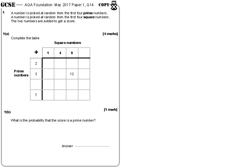 AQA Foundation: May 2017 Paper 1, Q 14 1 A number is picked at