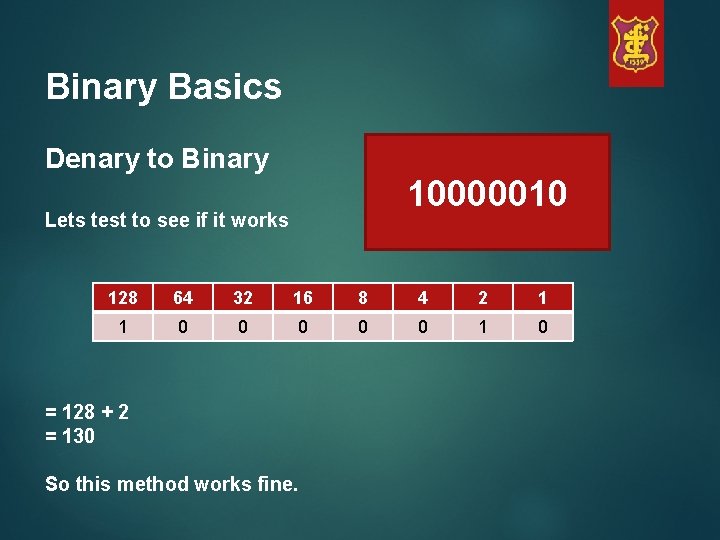 Binary Basics Denary to Binary 10000010 Lets test to see if it works 128