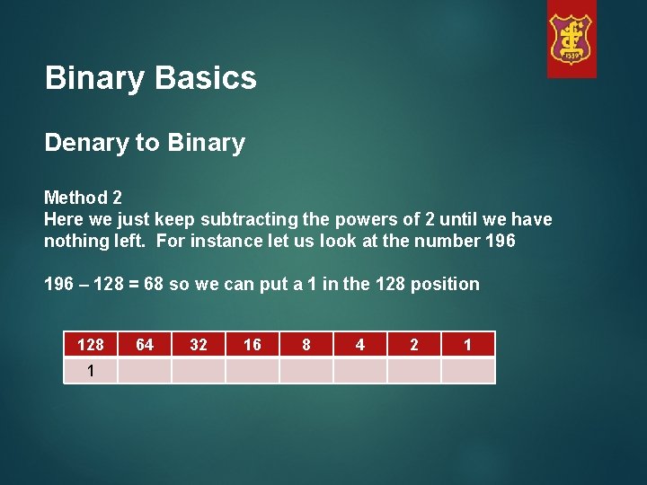 Binary Basics Denary to Binary Method 2 Here we just keep subtracting the powers