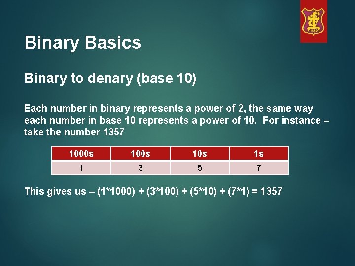 Binary Basics Binary to denary (base 10) Each number in binary represents a power