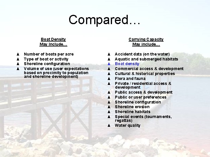 Compared… Boat Density May Include… ▲ ▲ Number of boats per acre Type of