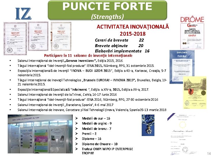 PUNCTE FORTE (Strengths) ACTIVITATEA INOVAŢIONALĂ 2015 -2018 Cereri de brevete 22 Brevete obţinute 20 PUNCTE FORTE (Strengths) ACTIVITATEA INOVAŢIONALĂ 2015 -2018 Cereri de brevete 22 Brevete obţinute 20