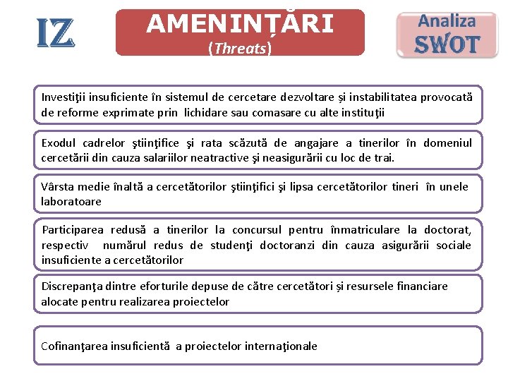 AMENINȚĂRI (Threats) Investiţii insuficiente în sistemul de cercetare dezvoltare și instabilitatea provocată de reforme AMENINȚĂRI (Threats) Investiţii insuficiente în sistemul de cercetare dezvoltare și instabilitatea provocată de reforme
