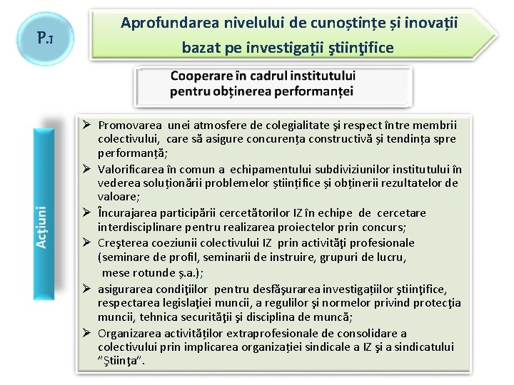 P. 1 Aprofundarea nivelului de cunoștințe și inovații bazat pe investigații ştiinţifice Ø Promovarea P. 1 Aprofundarea nivelului de cunoștințe și inovații bazat pe investigații ştiinţifice Ø Promovarea