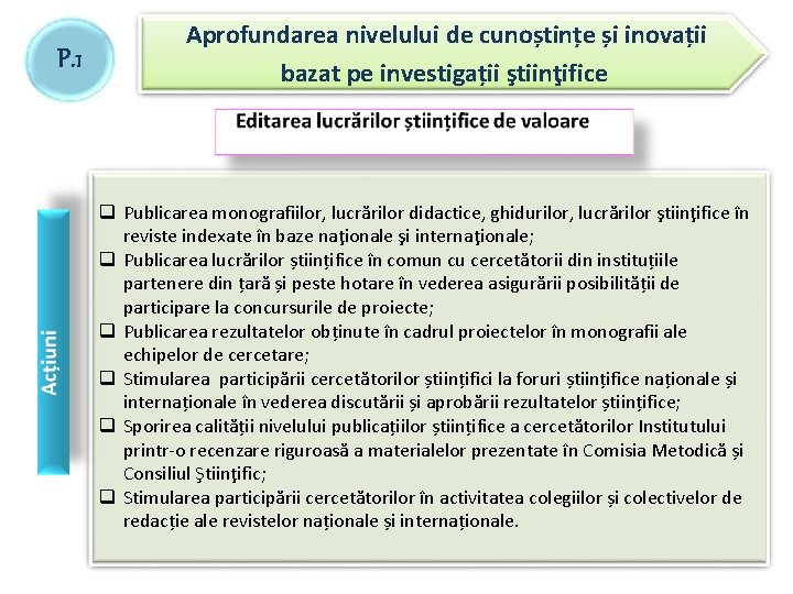 P. 1 Aprofundarea nivelului de cunoștințe și inovații bazat pe investigații ştiinţifice q Publicarea P. 1 Aprofundarea nivelului de cunoștințe și inovații bazat pe investigații ştiinţifice q Publicarea