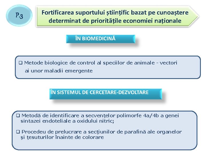 P. 3 Fortificarea suportului științific bazat pe cunoaștere determinat de prioritățile economiei naționale q P. 3 Fortificarea suportului științific bazat pe cunoaștere determinat de prioritățile economiei naționale q