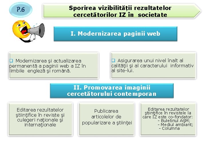 P. 6 Sporirea vizibilității rezultatelor cercetătorilor IZ în societate I. Modernizarea paginii web q P. 6 Sporirea vizibilității rezultatelor cercetătorilor IZ în societate I. Modernizarea paginii web q