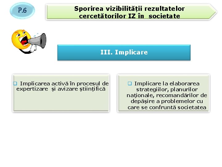 P. 6 Sporirea vizibilității rezultatelor cercetătorilor IZ în societate III. Implicare q Implicarea activă P. 6 Sporirea vizibilității rezultatelor cercetătorilor IZ în societate III. Implicare q Implicarea activă